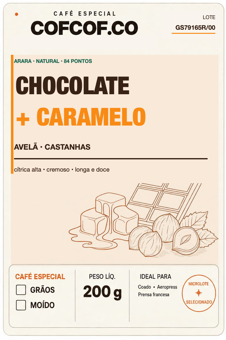 Frente da embalagem Chocolate + Caramelo, 200 g, lote GS79165R/00