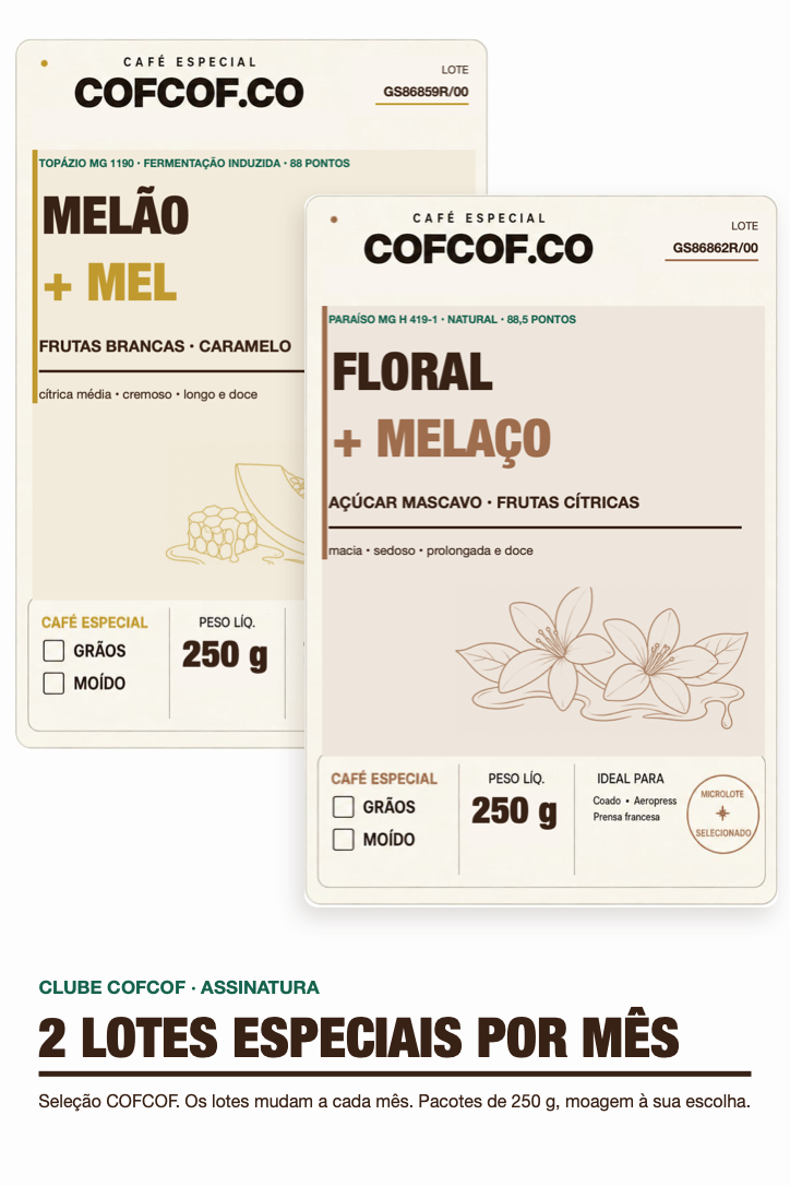 Dois pacotes de 250 g de café especial COFCOF, exemplo da seleção do Clube — os dois lotes mudam a cada mês