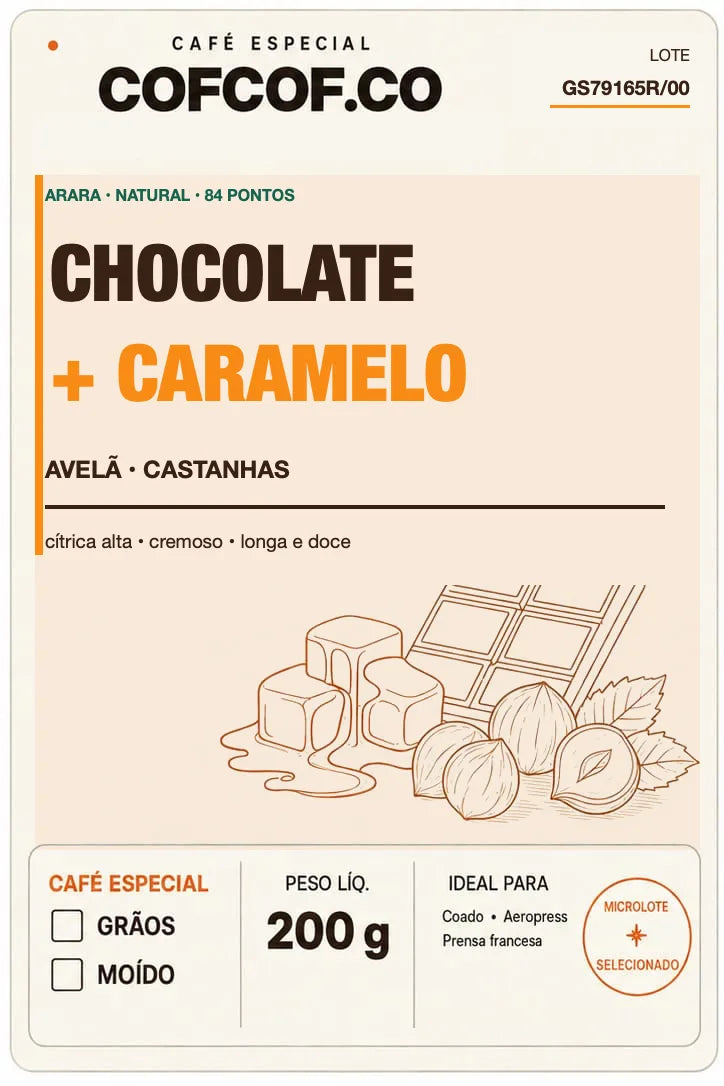 Frente da embalagem oficial Café Especial Chocolate + Caramelo