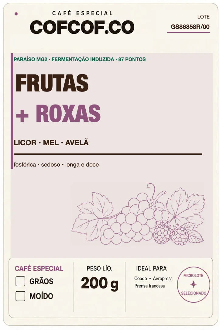 Frente da embalagem oficial Café Especial Frutas + Roxas