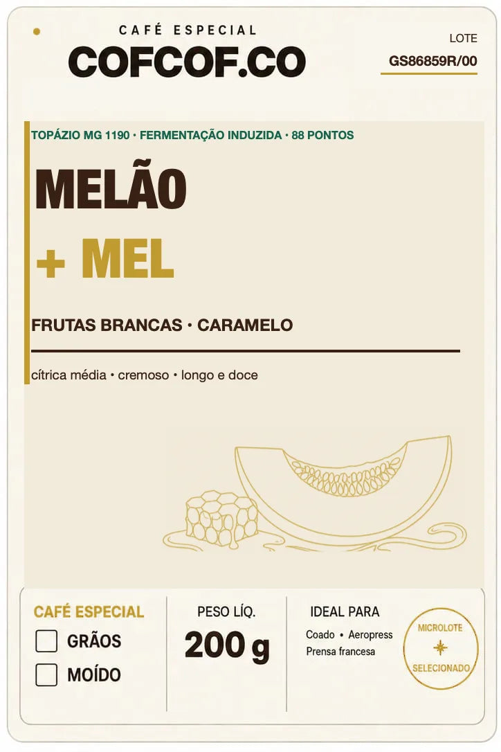 Frente da embalagem oficial Café Especial Melão + Mel